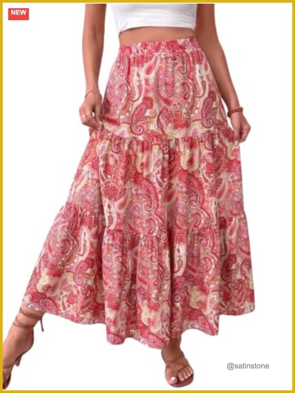 Women's Boho Maxi Skirt A-Line Elastic Waist Long Skirt with Pockets 100%
